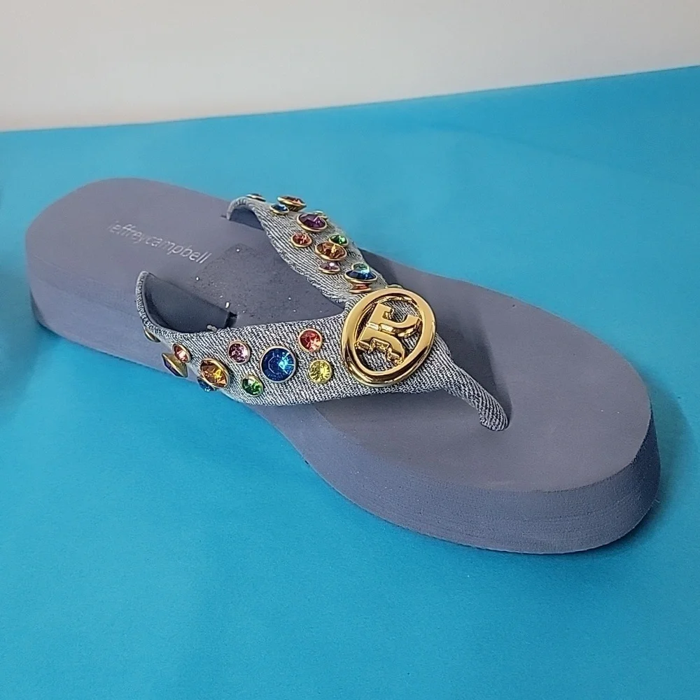 Jeffrey Campbell ICONICS Flip Flop In Blue Denim Multi Color Gemstones Size 9 - Picture 4 of 10